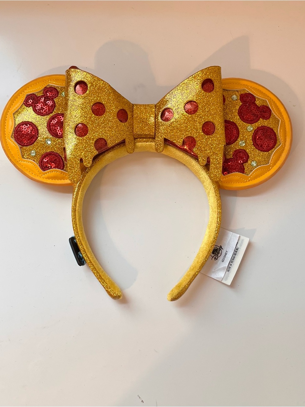 Disney Parks Minnie Mouse Pizza Ear Headband Sparkle Sequins Cheese Melt Bow - Picture 2 of 6